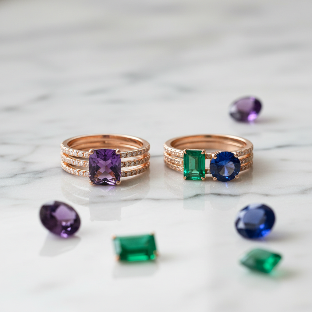 Rose Gold Gemstone Stackable Rings Set